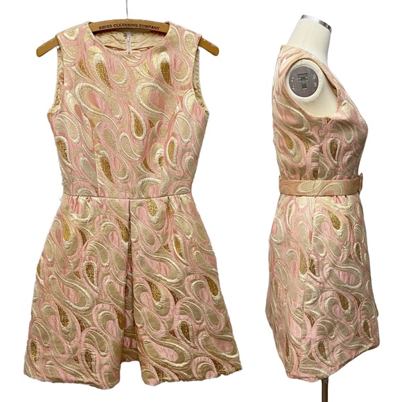 Vintage 1960s DYNASTY Pink & Gold Brocade Belted Mini Dress Womens Size XXS/XS - Picture 3 of 9